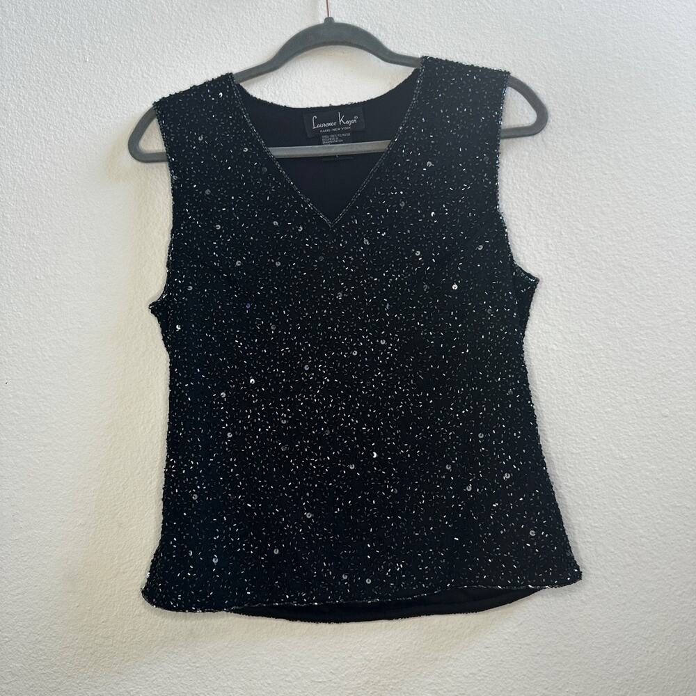 Vintage Black Sequin Beaded Top L Y2K Party Cami Tank Sparkly Evening